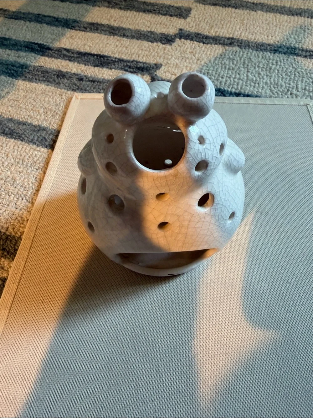 Source Unknown White Ceramic Frog Lantern with Floral and Butterfly Motifs